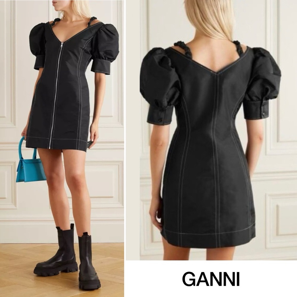 Ganni Black Puff-Sleeve Mini Dress with Contrast Stitching